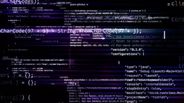Photo 3d rendering abstract blocks of code that are in the virtual space. camera inside the computer code