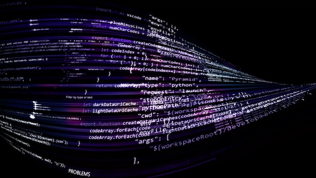 Photo 3d rendering abstract code in the virtual space. the computer code is bent in the form of a tape