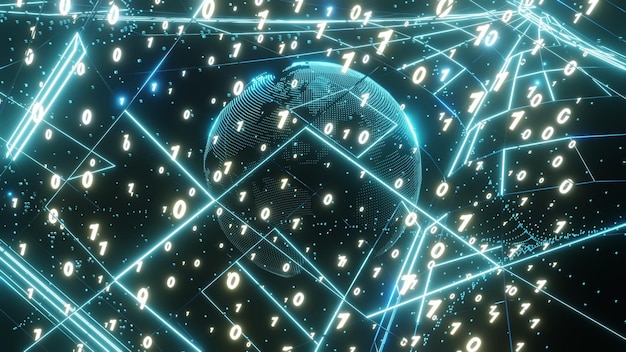 Photo 3d rendering artistic infographics binary numbers tunnel and earth globe rotation technology network data connection digital data network cyber security concept