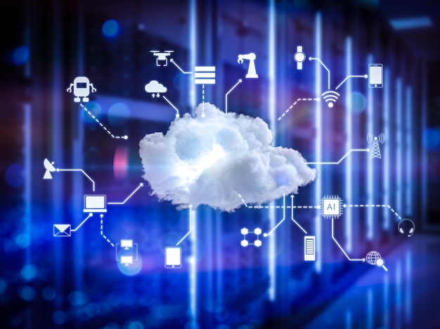 Photo 3d rendering cloud computing technology in server room