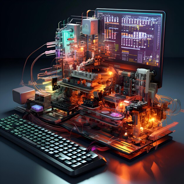 Photo 3d rendering of a computer with circuit board on a dark background