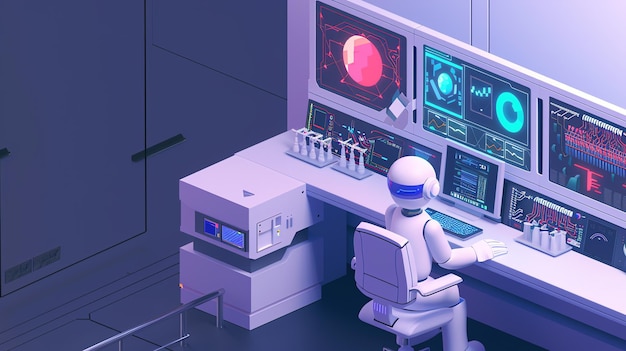 Photo a 3d rendering of a robot working at a computer terminal with multiple monitors displaying data