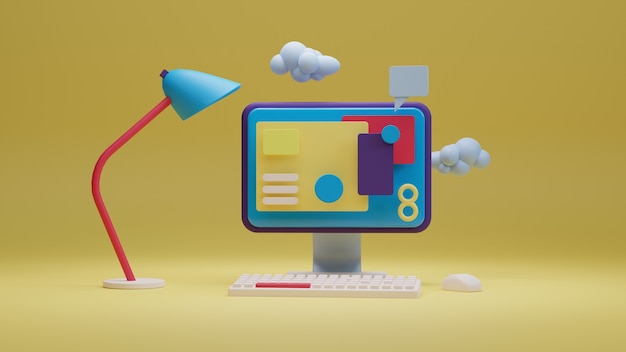 Photo 3d web vector illustrations. computer with open pages. landing page template for web.