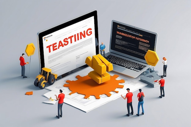 Photo 3d website testing warning error people examining operating system crash on web page