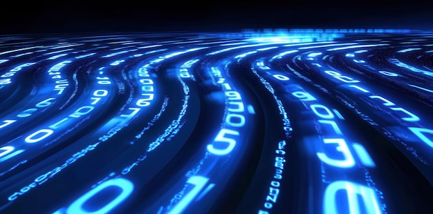 Photo abstract 3d rendering of a highway path through digital binary towers in a city