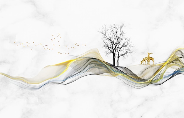 Photo abstract art background. landscape painting. golden wall paper, ink, carpet, fashion modern art wall