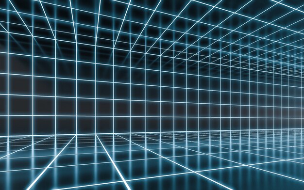 Photo abstract blue neon glowing background. neon light on refelction surface 3d rendering