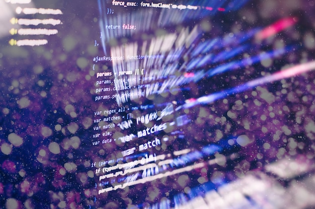 Photo abstract computer script about big data and blockchain database. software developer programming code. mining cryptocurrency process program on display pc. using software.