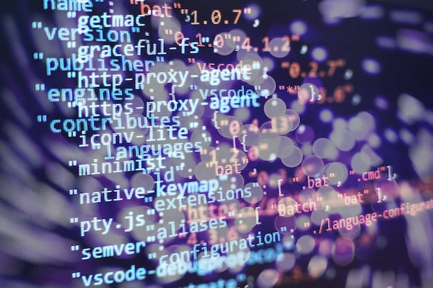 Photo abstract computer script code. programming code screen of software developer. software programming work time.