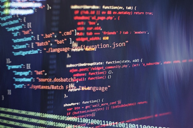 Photo abstract computer script code. programming code screen of software developer. software programming work time.