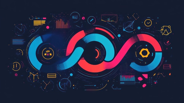 Photo abstract data circles interconnected digital interface with charts and graphs