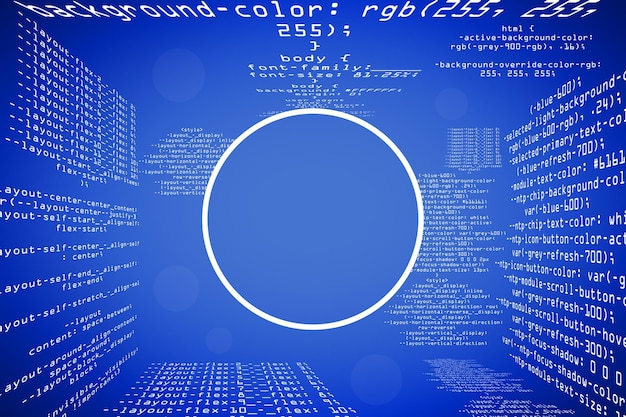 Photo abstract glowing blue coding programming background with blank round mock up frame big data and code concept 3d rendering