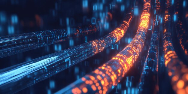 Photo abstract glowing data cables with binary code