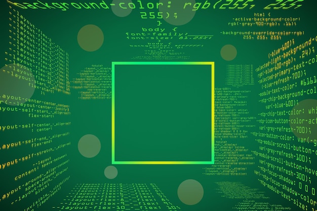Photo abstract glowing green coding programming background with blank square mock up frame big data and code concept 3d rendering