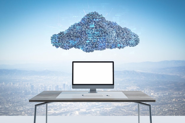 Photo abstract image of empty white computer placed on desk under digital cloud with programming language on sky background digital storage database network and technology concept mock up 3d rendering