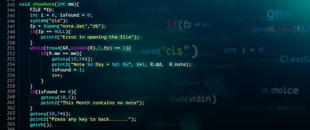 Photo abstract modern tech of programming code screen developer. c programming language of computer script and technology background of software.