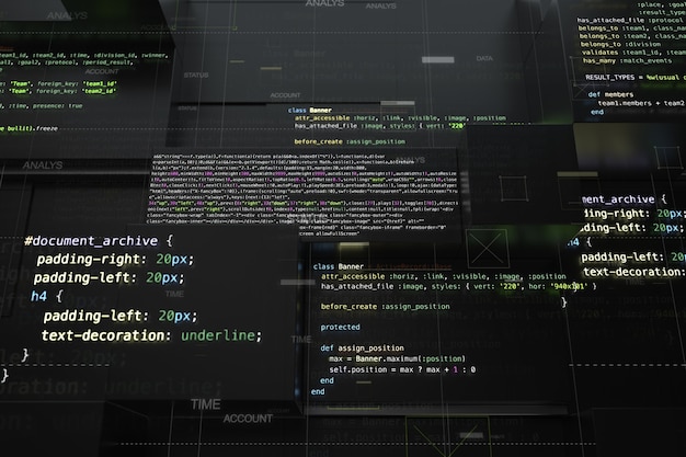 Photo abstract programming background with code lines and 3d rendering of random extruded square shapes. extruded reflective surface with pieces of software developing code.