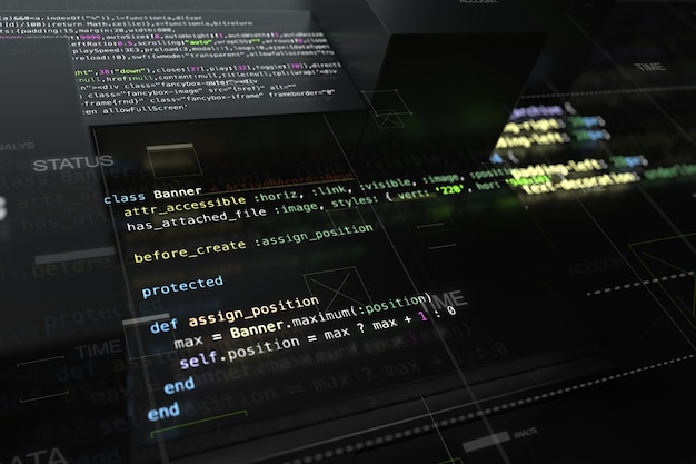 Photo abstract programming background with code lines and 3d rendering of random extruded square shapes. extruded reflective surface with pieces of software developing code.