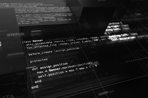 Photo abstract programming background with code lines and 3d rendering of random extruded square shapes. extruded reflective surface with pieces of software developing code.