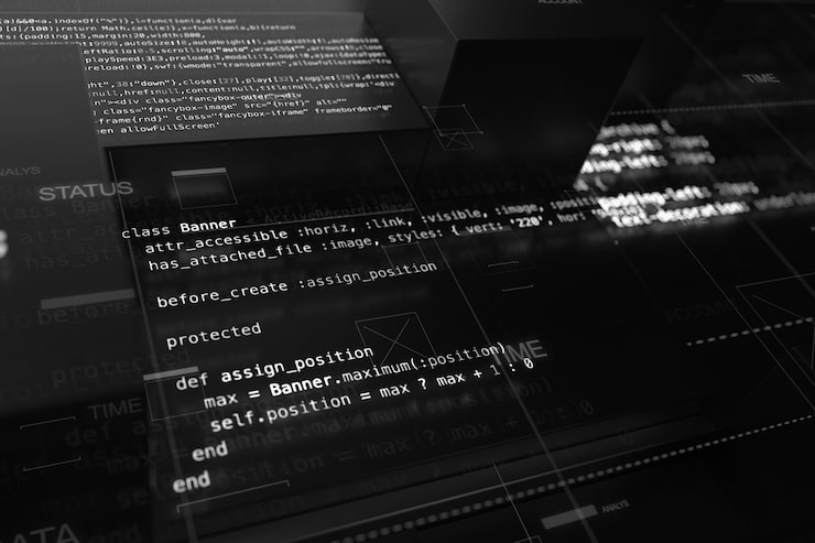 Abstract programming background with code lines and 3d rendering of random extruded square shapes. Extruded reflective surface with pieces of software developing code.