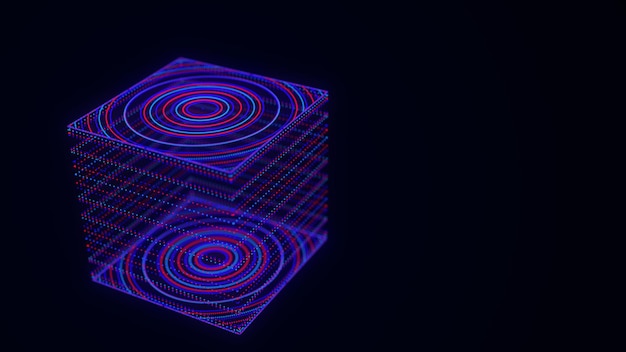 Photo abstract scifi cube with particle and line with digital indicators technology network connection on world global digital connections ai wireframe cube blockchain encryption 3d rendering