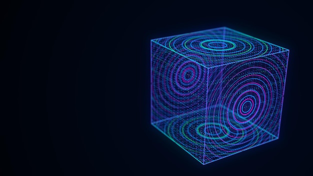 Photo abstract scifi cube with particle and line with digital indicators technology network connection on world global digital connections ai wireframe cube blockchain encryption 3d rendering