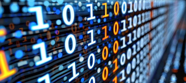 Photo abstract stream of digital data 1s and 0s form a background symbolizing binary code technology