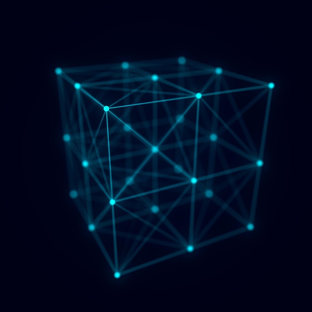 Photo abstract wireframe cube whith connection dots and lines digital blockchain concept and data transfer system storage cells of datas 3d rendering