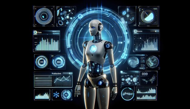 Photo advanced humanoid artificial intelligence robot interacting with holographic cyber security data