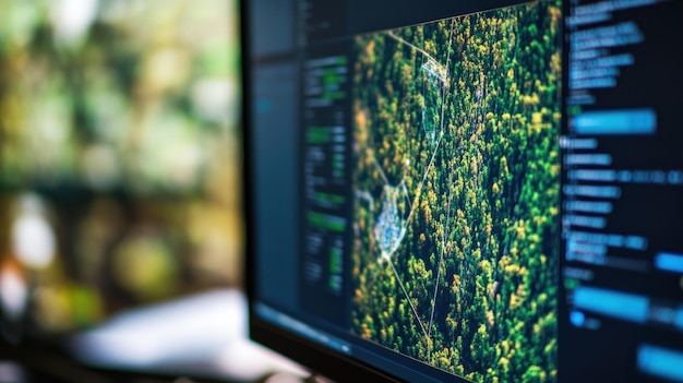 Photo aerial view of a forest on a computer screen
