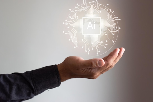 Photo ai application of artificial intelligence and brain function in future business development of coding software based on interface and synchronization of network connection