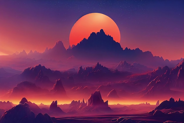 Photo alien planet with orange red rocks under bright night sky with glowing and shining sphere 3d illustration