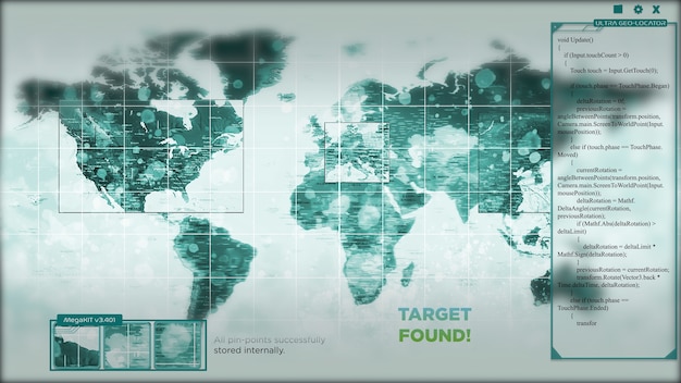 Photo animation of a world map with hackers targeting points on it. the interface or hud is displaying target found at the end