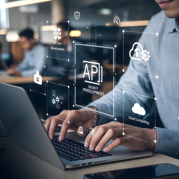 Photo api application programming interface concept a programmer types on a laptop