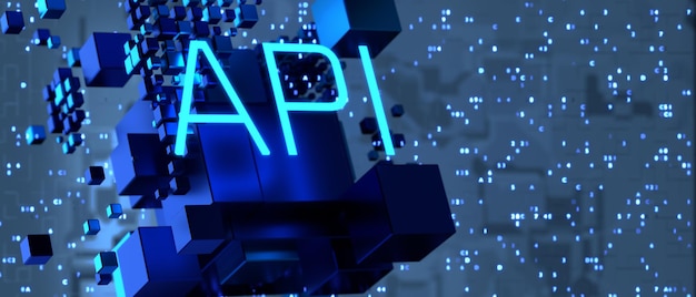 Photo api application programming interface software development tool api inscription on a tech background 3d render