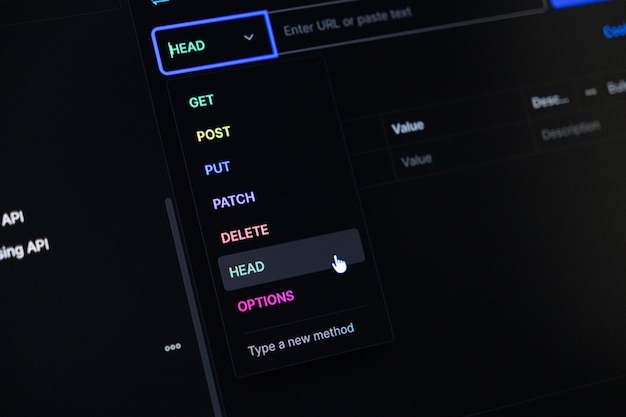 Photo api development interface displaying http methods like get post delete head and options with a mouse cursor selecting head for web service programming