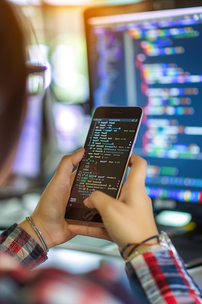 Photo app developer testing mobile app on multiple devices coding software and testing tools
