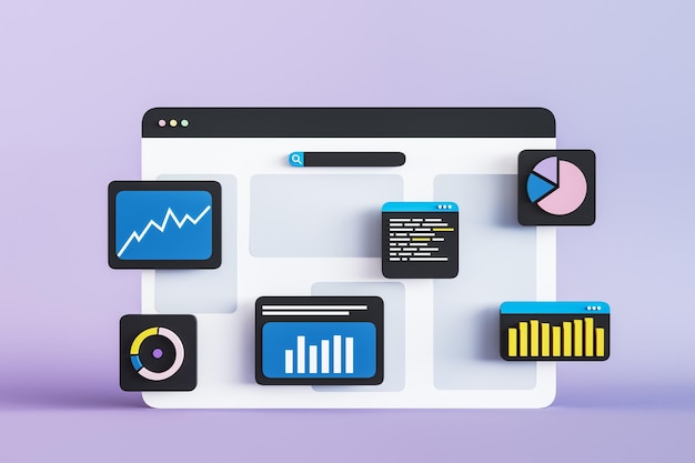 Photo application and website development concept for mobile device with web design factory symbols and indicators windows on light display background 3d rendering