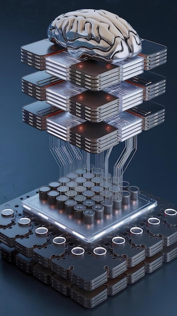 Photo artificial intelligence concept with brn like cpu advanced neural network processor 3d rendering