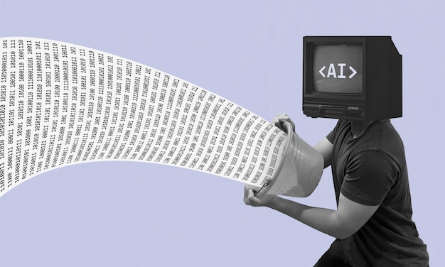 Photo artificial intelligence processing binary code data collage concept