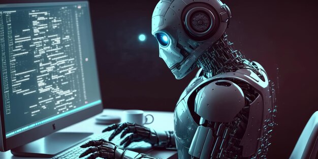 Photo artificial intelligence robot using computer software for gpt binary coding