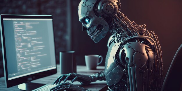 Photo artificial intelligence robot using computer software for gpt binary coding