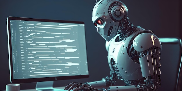 Photo artificial intelligence robot using computer software for gpt binary coding