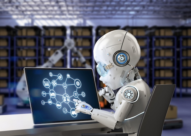 Photo automation factory concept with 3d rendering robot working with computer notebook in factory