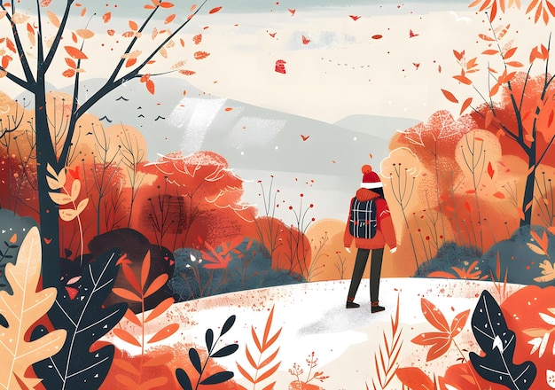 Photo autumn landscape with a woman in red jacket
