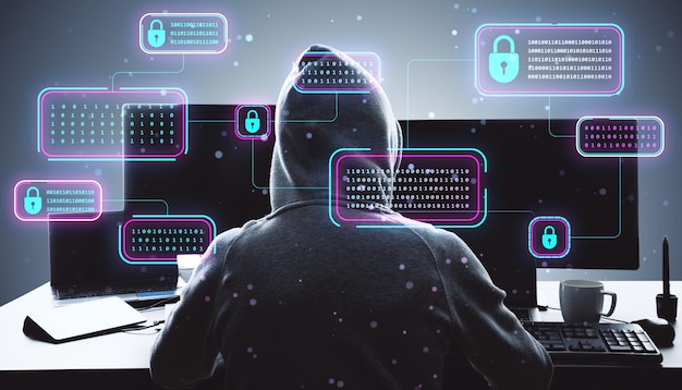 Photo baack view of hacker using computers at desk with creative encrypted code hologram on blurry background blockchain network and technology concept double exposure