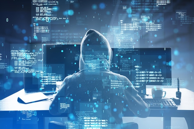 Photo back view of hacker using laptop at desk with creative binary coding hologram on blurry background software programming code and hacking double exposure