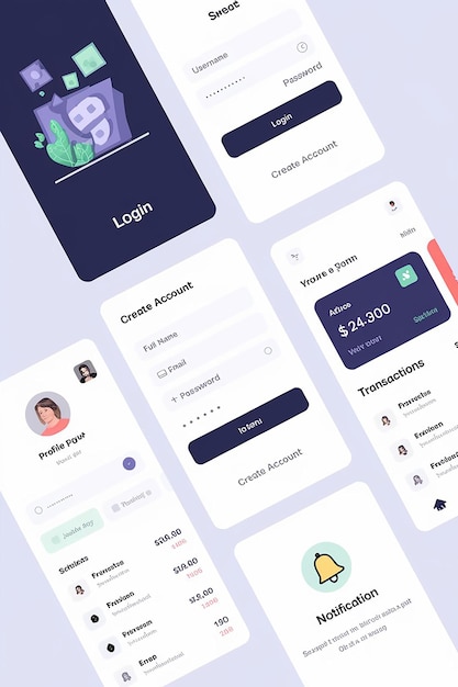 Photo banking app ui kit for responsive mobile app or website with different gui layout including login create account profile transaction and notification screens