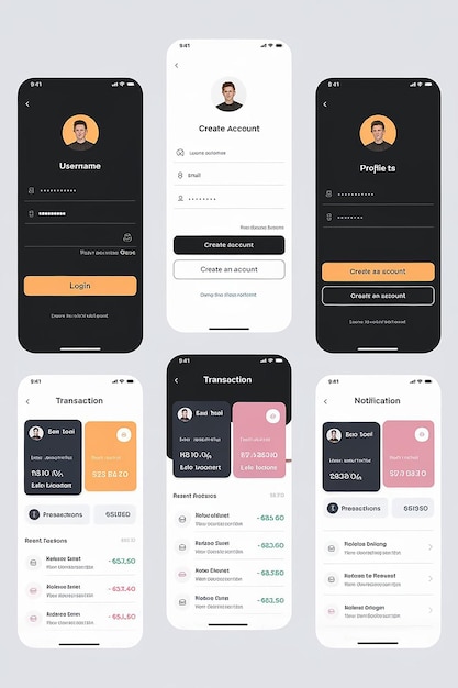 Photo banking app ui kit for responsive mobile app or website with different gui layout including login create account profile transaction and notification screens