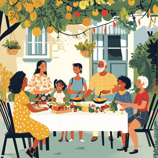 Photo big family and friends celebrating outside at home diverse group of children adults and old people